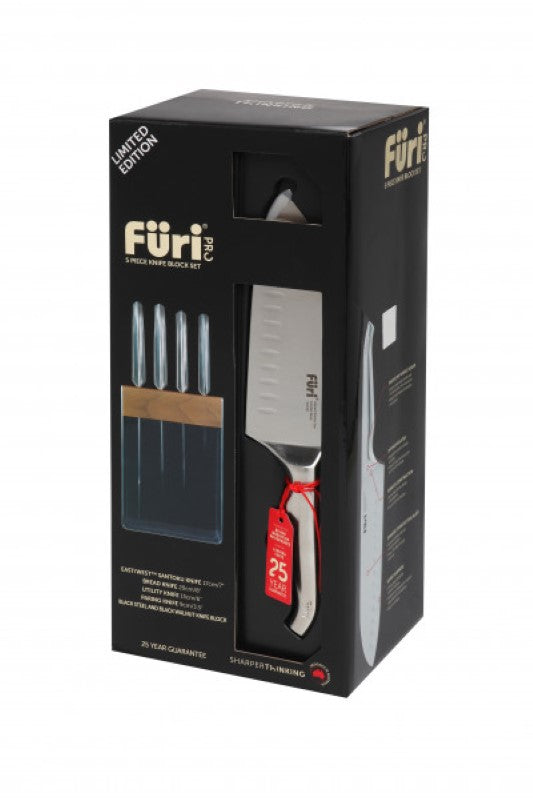 Furi Pro Limited Edition 5-piece knife set with ergonomic handles and stainless steel blades in a sleek knife block.
