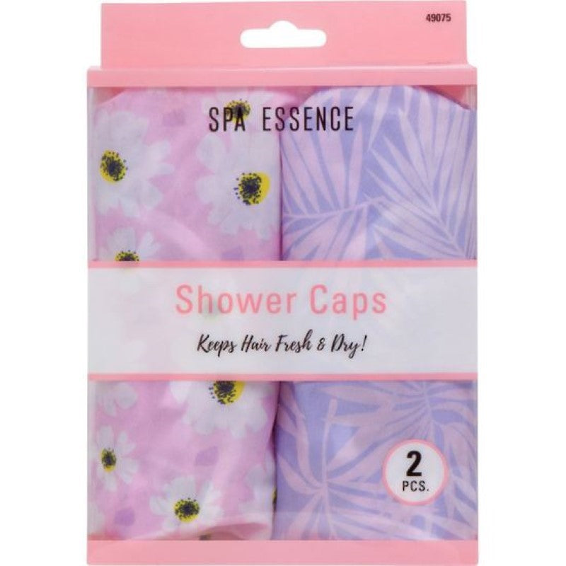 Duo pack of stylish shower caps with charming Daisy and Palms designs for ultimate hair protection during baths.
