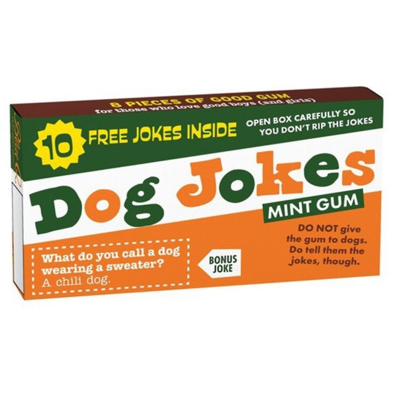 A box of mint-flavored chewing gum featuring dog-themed jokes, perfect for dog lovers and party favors.