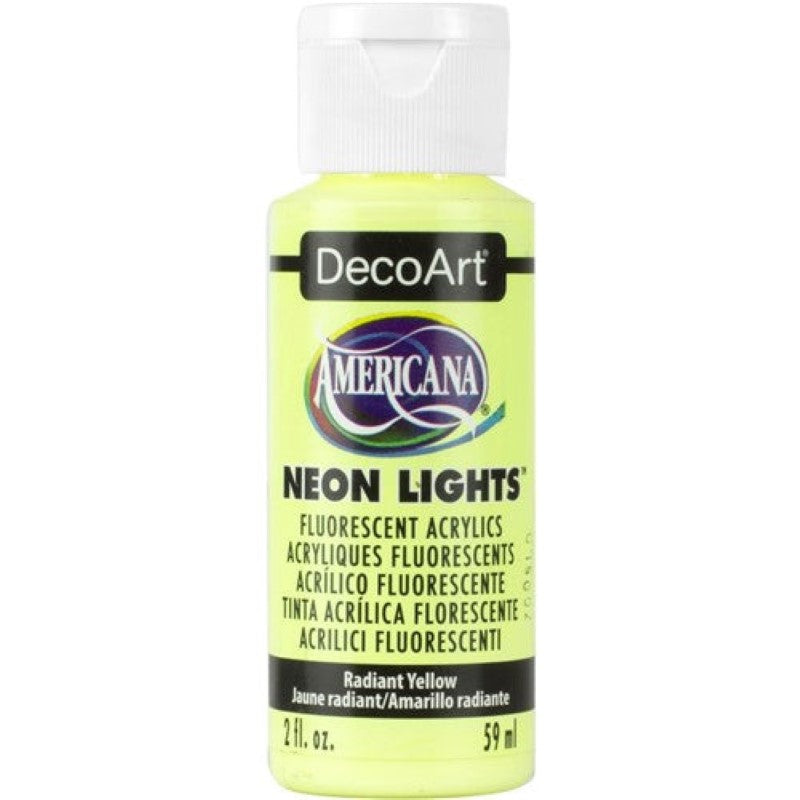 DecoArt Americana Radiant Yellow neon paint bottle, 2oz, showcasing vibrant color for crafts and home decor projects.
