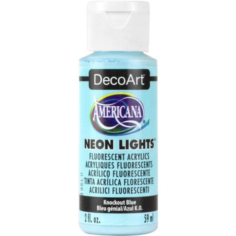 Decoart Americana Neon Lights Paint in KNOCKOUT BLUE, a 2oz vibrant water-based acrylic ideal for crafts and home decor.