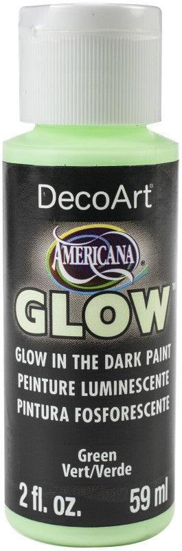 Decoart Americana Glow Paint in GLOW GREEN, a 2oz luminous acrylic paint for glowing art projects and decorations.