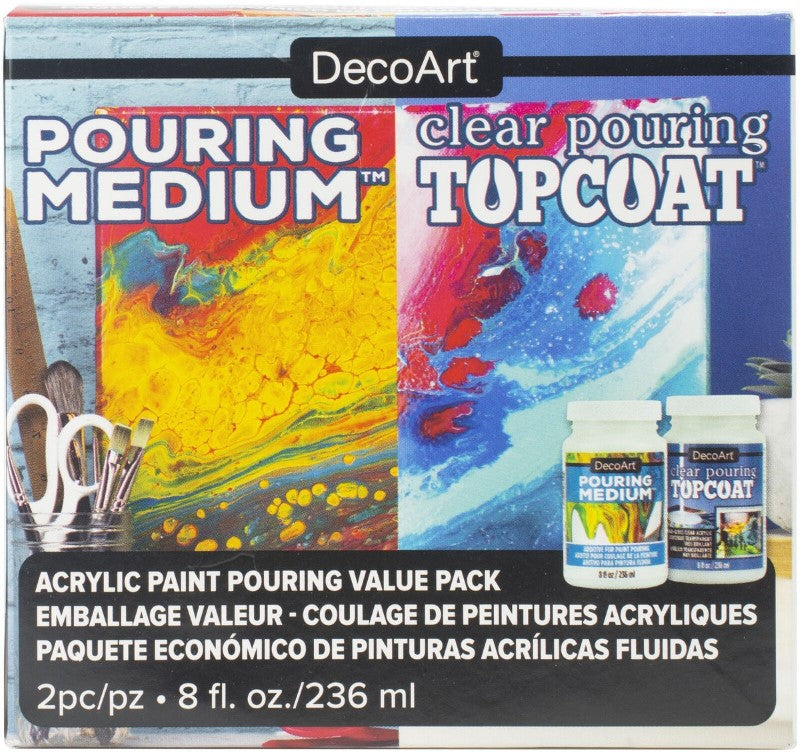 Decoart 8oz Pouring Value Pack includes pouring medium and clear top coat for vibrant fluid art and a high-gloss finish.