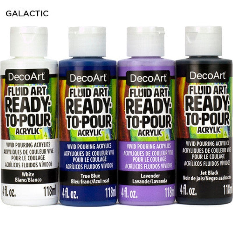 Decoart Fluidart Galactic Paint Pouring Kit with vibrant, ready-to-pour acrylics for stunning fluid art creations.