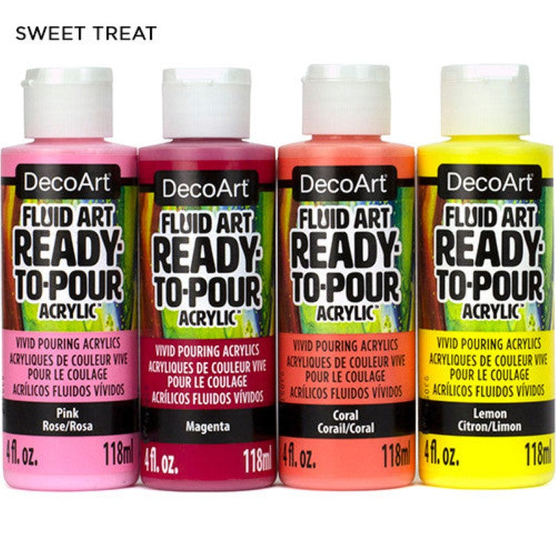 Decoart Fluidart Sweet Treat Paint Pouring Kit with vibrant, ready-to-pour acrylic paints for easy fluid art creation.