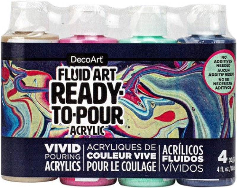 Decoart Fluidart Carnival Paint Pouring Kit with vibrant acrylic paints for creating stunning fluid art on various surfaces.