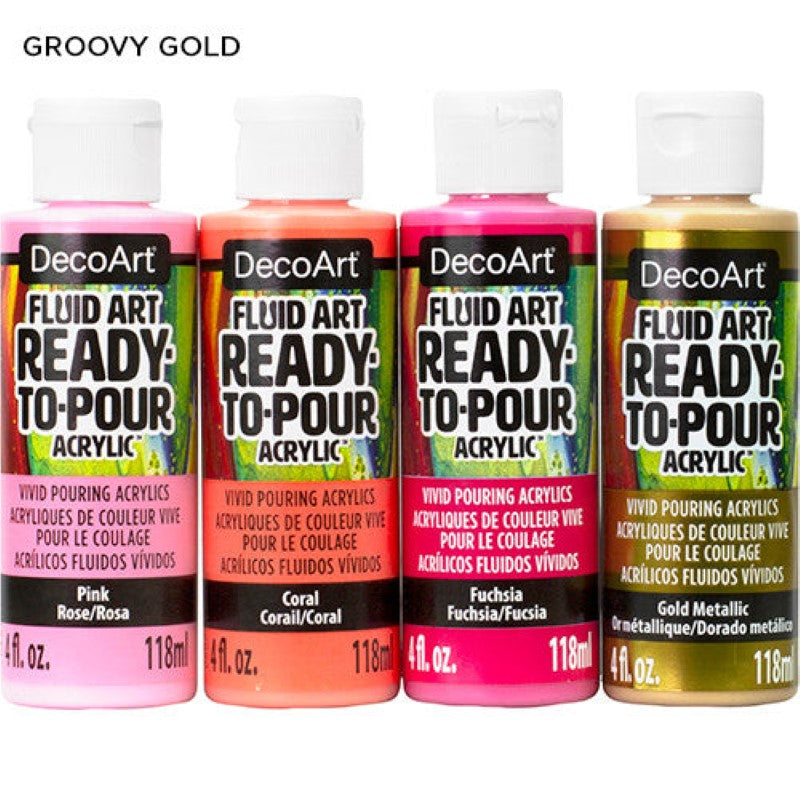 Decoart Fluidart Groovy Gold Paint Pouring Kit includes ready-to-pour acrylic paints for vibrant, hassle-free fluid art creations.