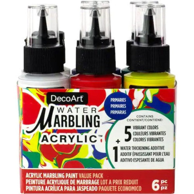 DecoArt Water Marbling Paints Primaries Pack of 6, featuring vibrant colors and a Marbling Magic Medium for unique designs.