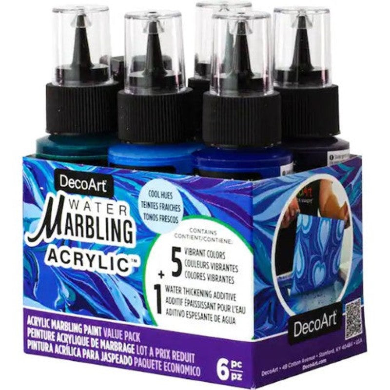 DecoArt Water Marbling Paints in cool hues, pack of 6, perfect for creating unique patterns on water surfaces.