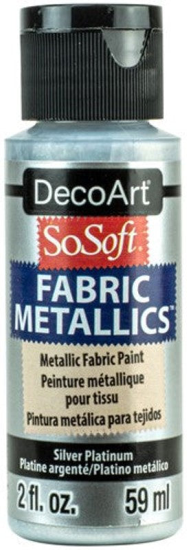 Decoart Sosoft Metallic Paint in Silver Platinum enhances fabrics with a shimmering, durable finish, perfect for DIY projects.