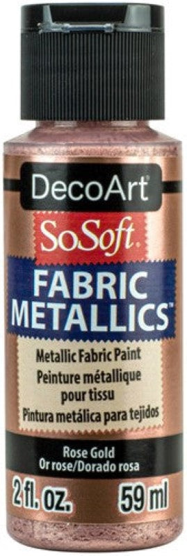 Decoart Sosoft Metallic Paint in Rose Gold, 2oz, ideal for vibrant fabric designs with a soft metallic finish.
