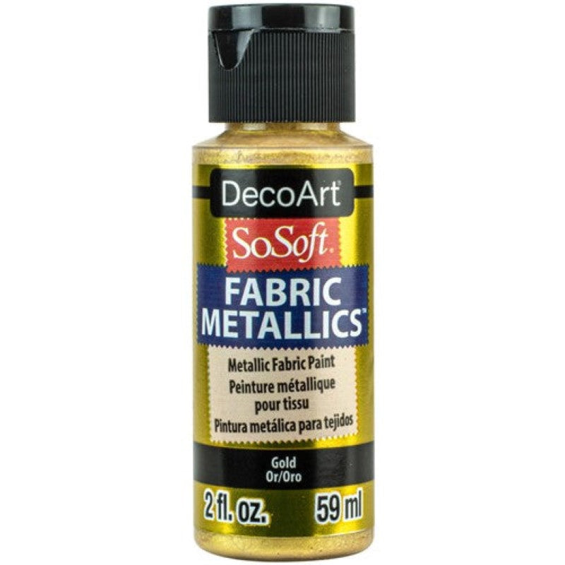 DecoArt SoSoft Metallic Fabric Paint in Gold, 2oz, with a vibrant, flexible finish, perfect for customizing textiles.