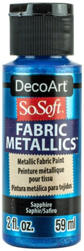 Decoart Sosoft Metallic Paint in Sapphire, 2oz, offers a soft touch and shimmering finish for vibrant fabric artistry.