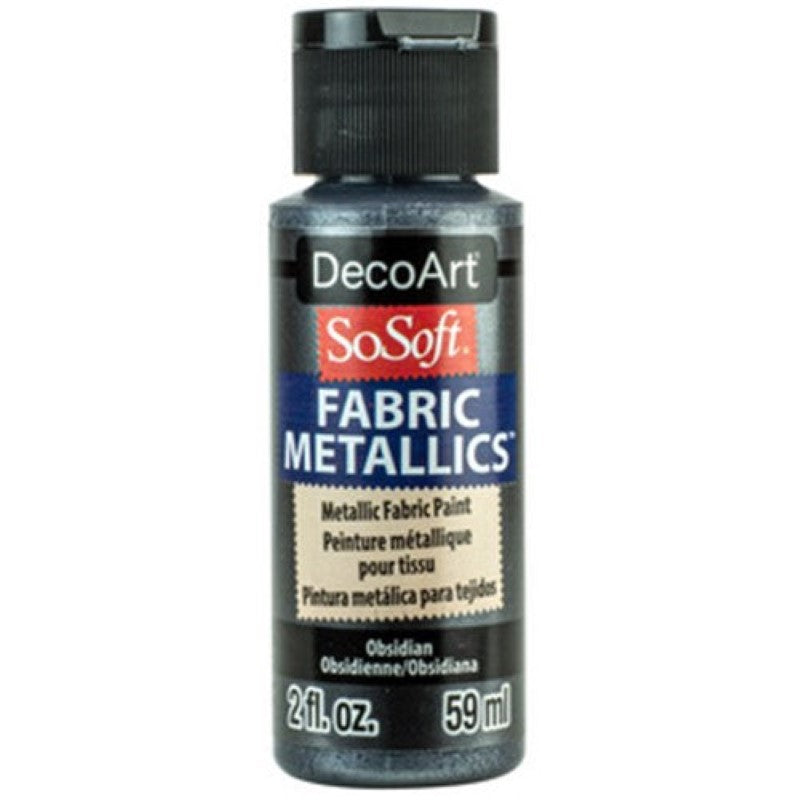 Decoart Sosoft Metallic Paint in Obsidian – 2oz bottle for soft, vibrant fabric designs with a luxurious metallic finish.