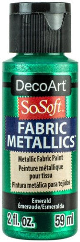 Decoart Sosoft Metallic Paint in Emerald, 2oz, ideal for vibrant and soft fabric projects with a stunning metallic finish.