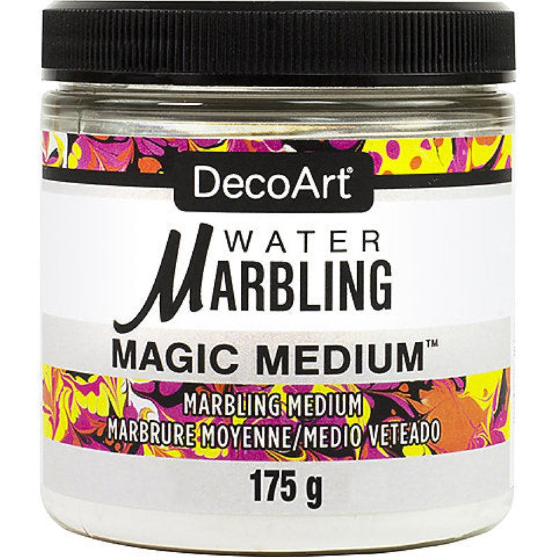 DecoArt Water-Marbling Magic Medium transforms water into an artistic canvas for vibrant, swirling designs.