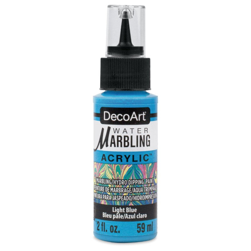 Light blue DecoArt Water-Marbling Paint (59ml) for creating vibrant, unique patterns on various surfaces.