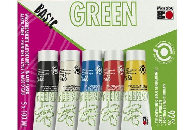 Set of 5 eco-friendly Marabu Green Matt universal paint, featuring vibrant colors for versatile artistic applications.