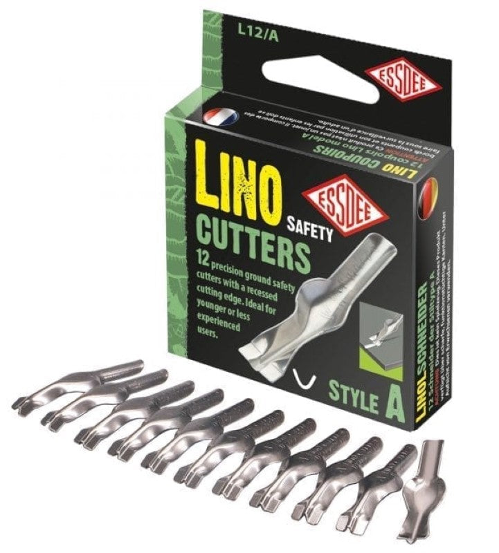 Box of 12 Essdee Safety Lino Cutters with recessed edges for clean, controlled cuts, ideal for artists and students.