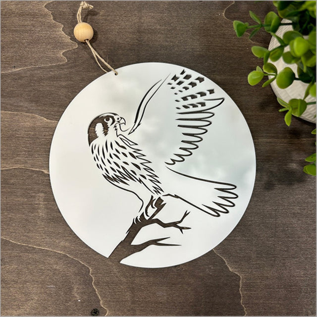 White acrylic wall art featuring a falcon design, perfect for bedroom decor, 200mm in diameter, ready to hang.