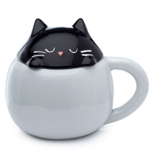 Ceramic Lidded Animal Mug - Feline Fine Black Cat Peeping Lid