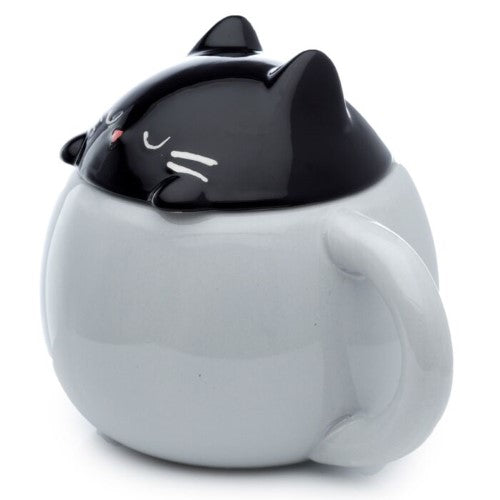 Ceramic Lidded Animal Mug - Feline Fine Black Cat Peeping Lid