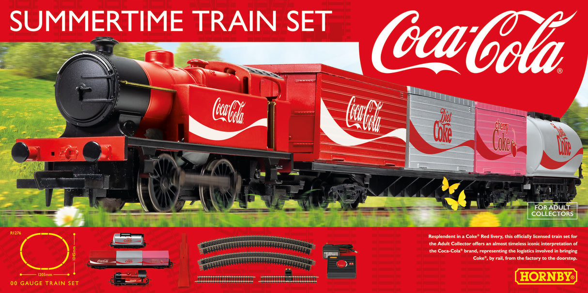 Hornby Summertime Coca-Cola train set featuring a vibrant Coke Red locomotive and wagons, perfect for model railway enthusiasts.