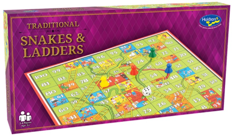 Classic Snakes and Ladders board game for 2-4 players, featuring a 37cm x 37cm design, made in New Zealand.