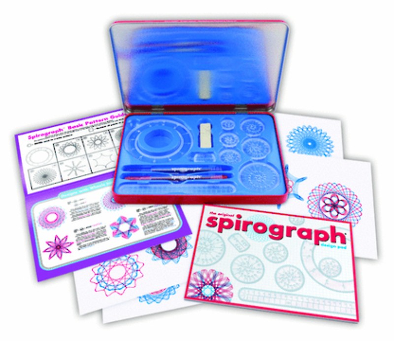Spirograph Design Set Tin with wheels, rings, pens, guidebook, and storage for creating intricate patterns.