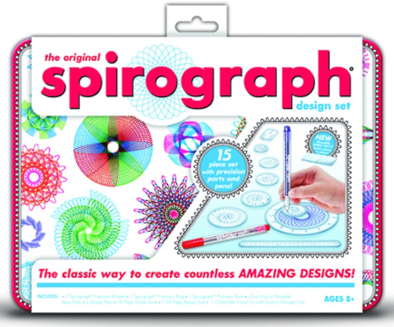 Spirograph Design Set Tin featuring precision wheels and tools for creating intricate geometric patterns, ideal for ages 8+.