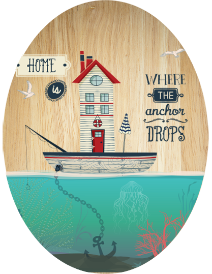 Boat House plywood oval wall art, featuring eco-friendly design and vibrant print, perfect for nautical-themed decor.