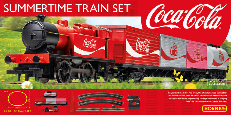 Hornby Summertime Coca-Cola train set featuring a 0-4-0 locomotive and vibrant Coke Red wagons, ideal for collectors and beginners.