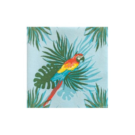 Elegant FRANCOISE PAVIOT napkins featuring a vibrant parrot motif, crafted from luxurious airlaid paper, perfect for stylish dining.