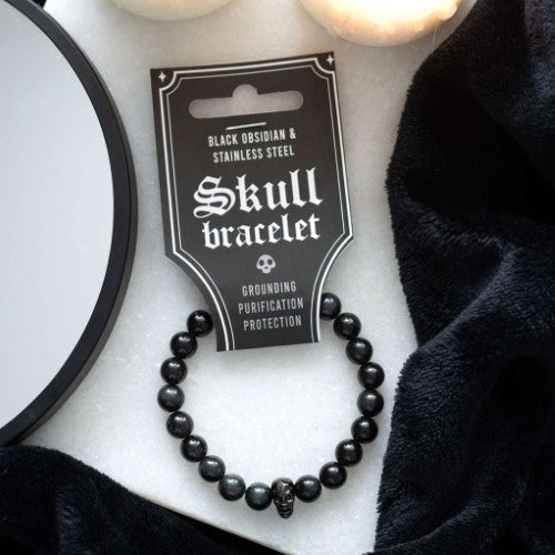Bracelet - Skull Black Obsidian And Stainless Steel