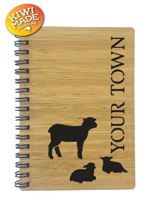 Bamboo Notebook Laser Cut with Sheep and Custom Town