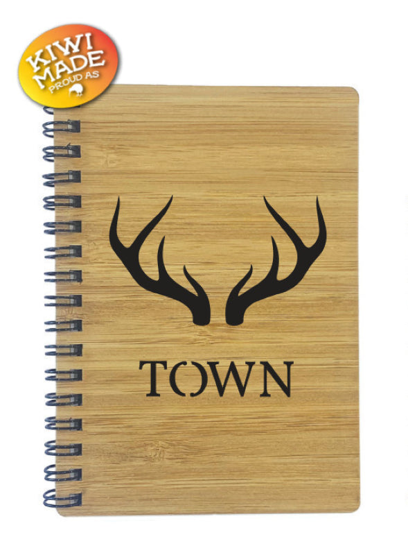 Bamboo Notebook Laser Cut with Deer Antlers and Custom Town