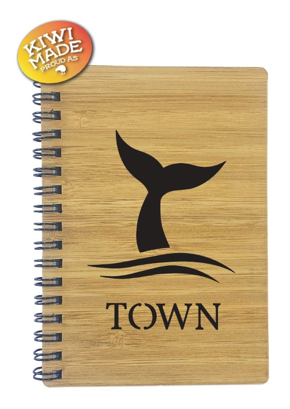 Bamboo Notebook Laser Cut with Whale Tail and Custom Town