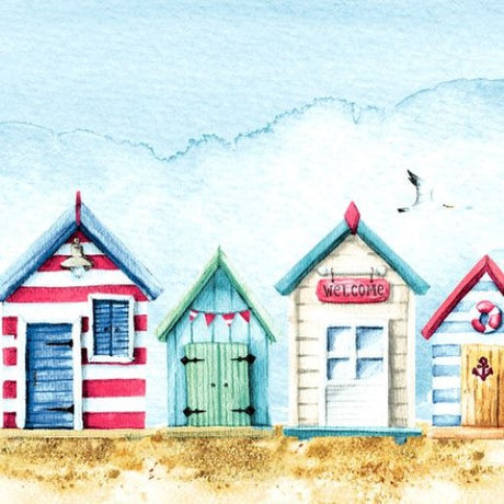 Eco-friendly 3-ply luncheon napkins featuring beach houses, perfect for coastal-themed dining; pack of 20, 30x30cm.
