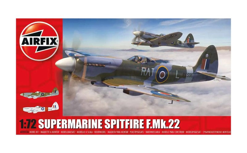 Airfix A02033A Supermarine Spitfire F.Mk.22 model kit showcasing detailed design and powerful Griffon engine features.