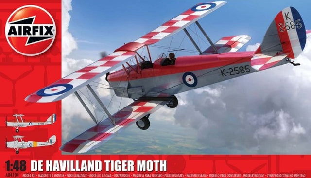 Airfix 1/48 de Havilland D.H.82a Tiger Moth model kit showcasing a classic British biplane design for aviation enthusiasts.