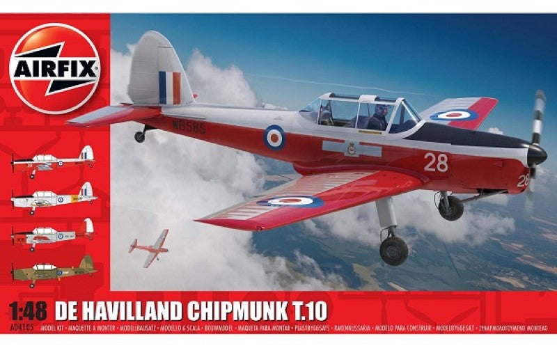 1/48 scale model kit of de Havilland Chipmunk T.10 with 84 detailed pieces and 4 scheme options, perfect for aviation enthusiasts.