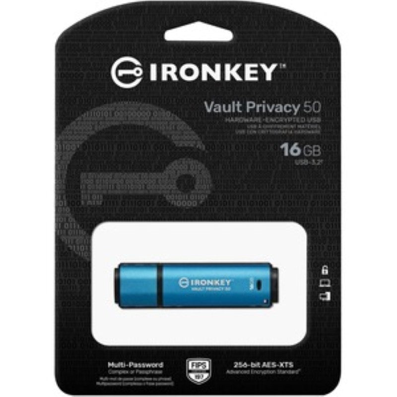 Secure Kingston IronKey Vault Privacy 50 16GB USB 3.2 Flash Drive - AES 256-bit Encryption