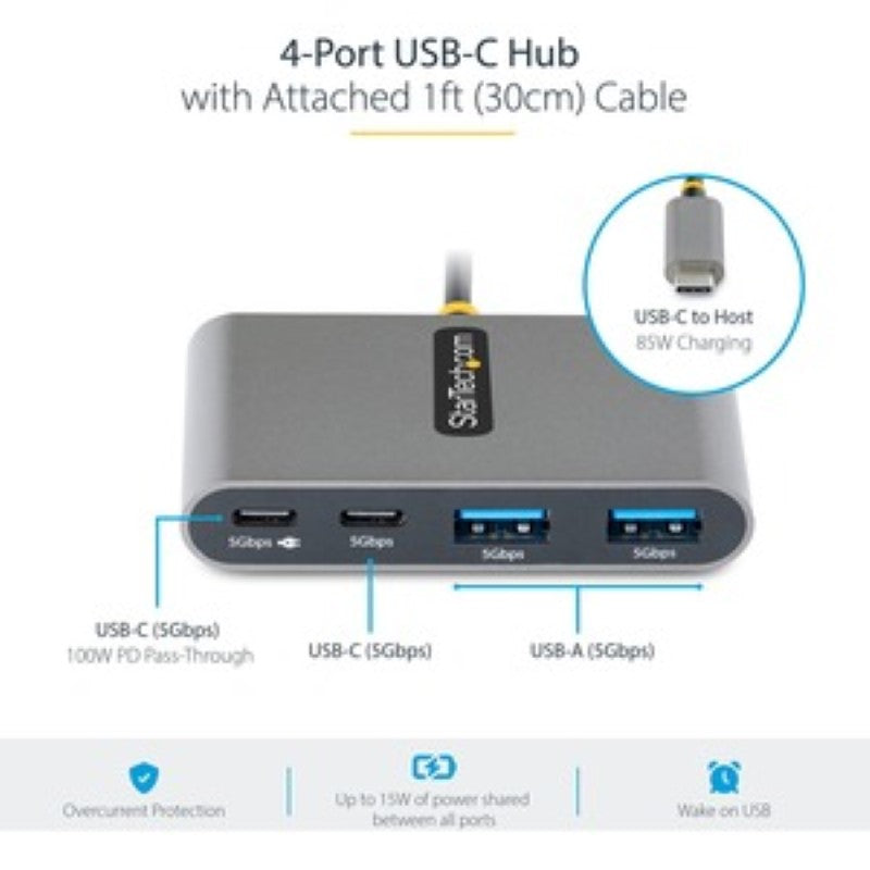 4-Port USB-C Hub with 100W Power Delivery, 2 USB-A & 2 USB-C Ports, 5Gbps Speed