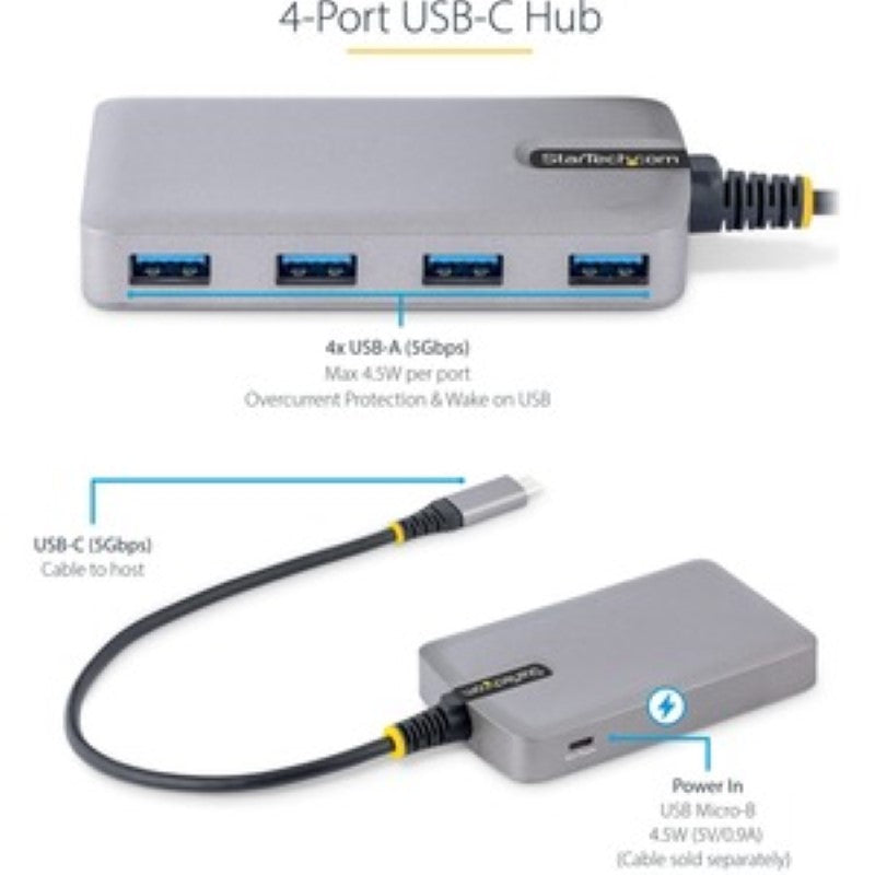 Smartfox AU 4-Port USB-C Hub with 5Gbps Data Transfer, Auxiliary Power & Compact Design