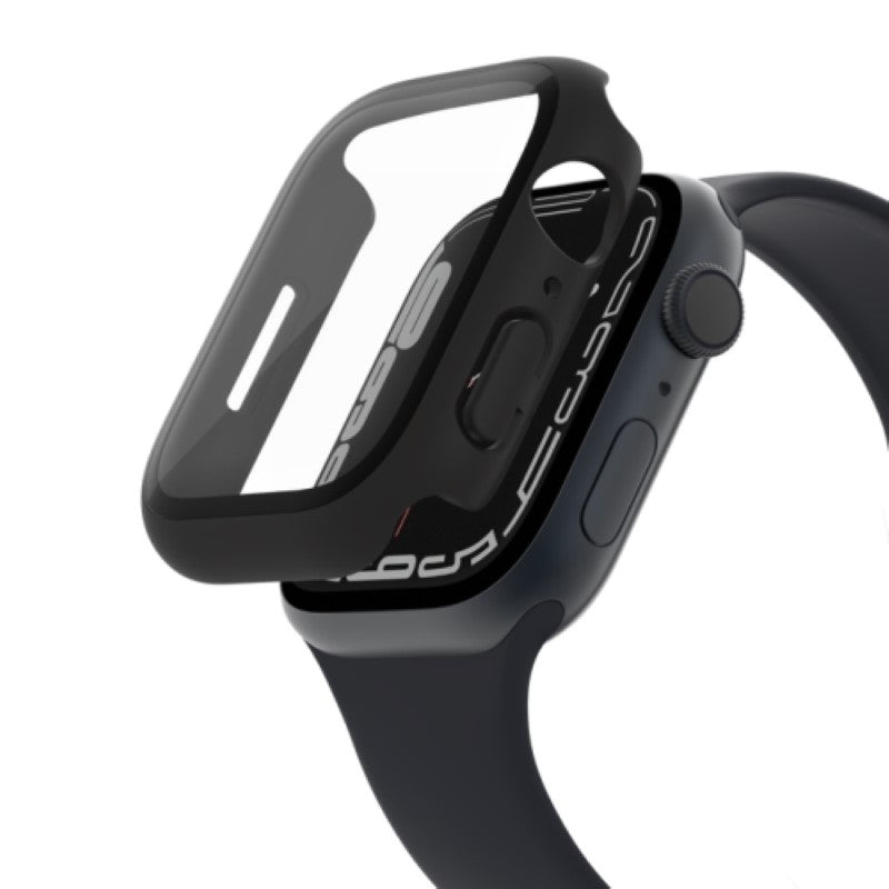 Belkin SCREENFORCE 360° Tempered Glass Antimicrobial Screen Protector for Apple Watch 45mm, offering full coverage and bacteria resistance.