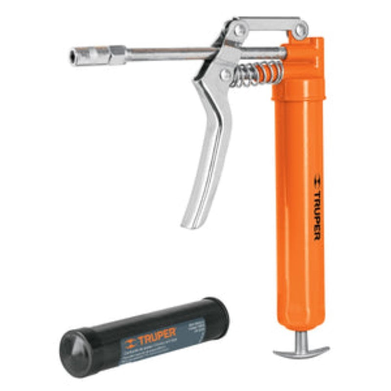Compact Truper Mini Grease Gun, 3000 PSI, with 85g cartridge, dual loading, versatile for tight spaces.