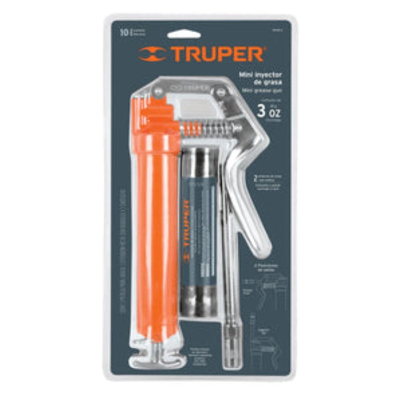 Compact Truper Grease Gun Mini with 3000 PSI, 85g cartridge, dual loading, versatile for tight spaces and precision lubrication.