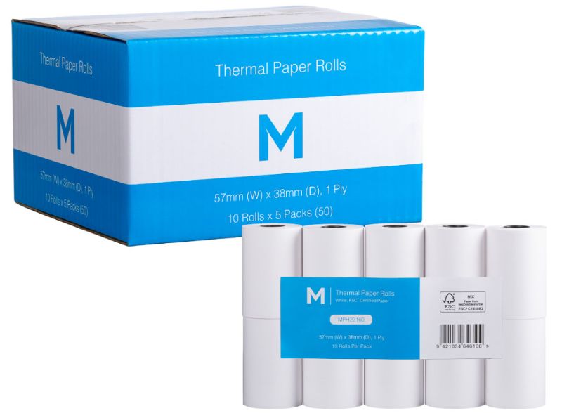 Thermal Paper Roll - White, 57mm x 38mm, 1 Ply, FSC Mix® (Pack of 50)