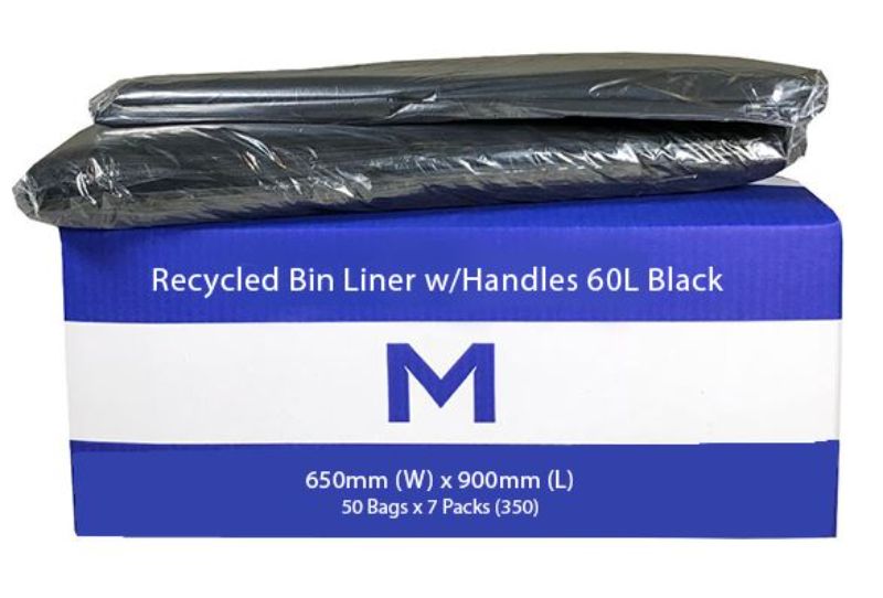 FP Recycled Bin Liner w/Handles 60L - Black, 650mm x 900mm x 30mu (350)