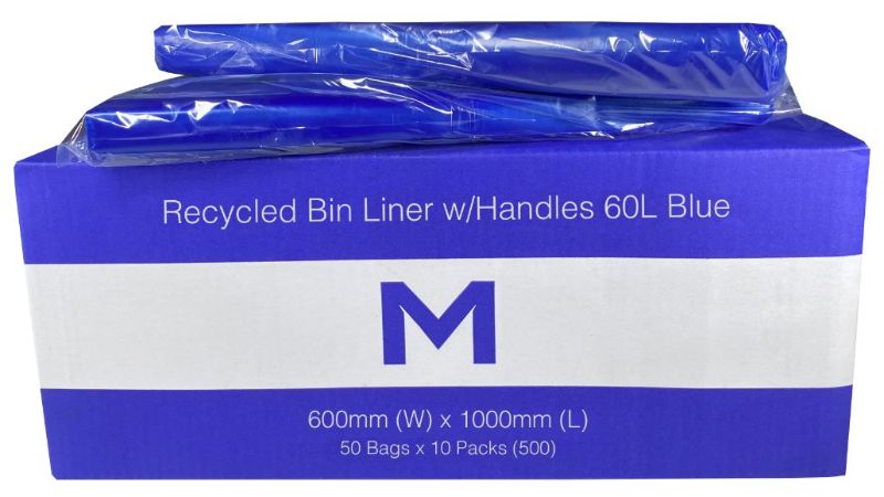 FP Recycled Bin Liner w/Handles 60L - Blue, 600mm x 1000mm x 30mu (500)